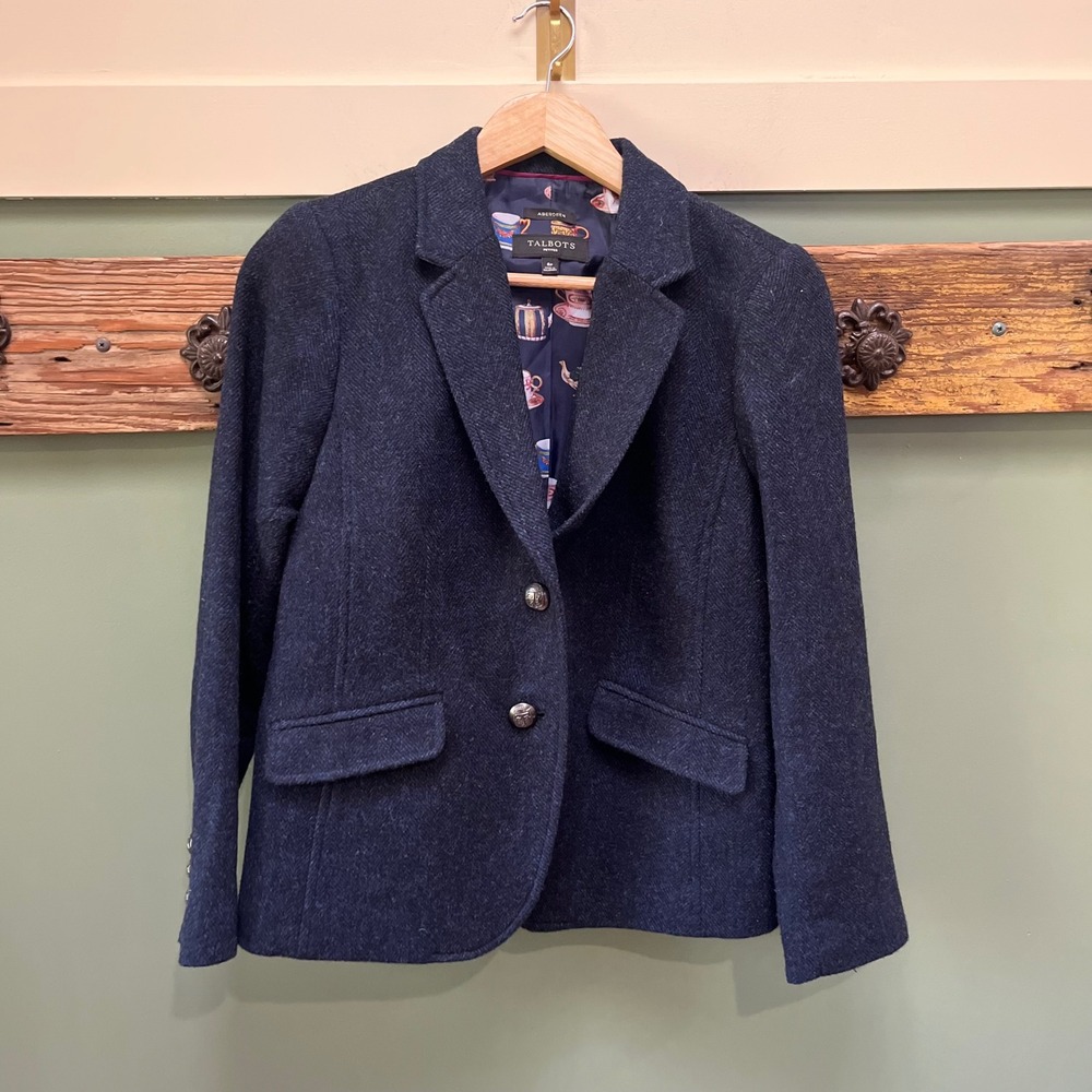 Talbots Aberdeen Navy Blue Wool Herringbone Blazer Teacup Lining Petite 6P